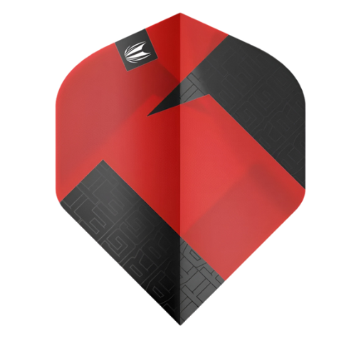 Red and black No.2 dart flight full view isolated on white, highlighting angular design and textured details for dart accessories