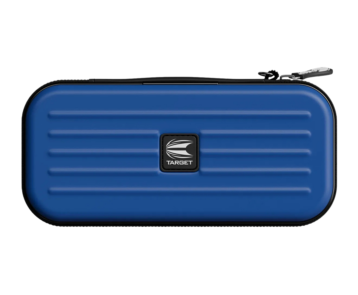 Top-down view of blue darts case with hard EVA shell, zipper closure, and dart storage ridges, isolated on white background