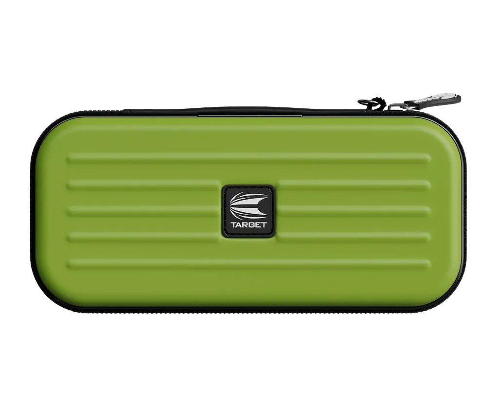 Green EVA darts case with zipper, rigid shell, horizontal grooves, full product view on white background