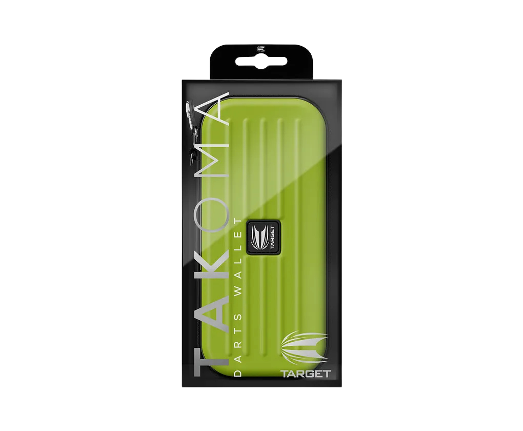 Green Takoma darts case in retail packaging, full front view, showing hard EVA shell and protective ridged design for dart storage