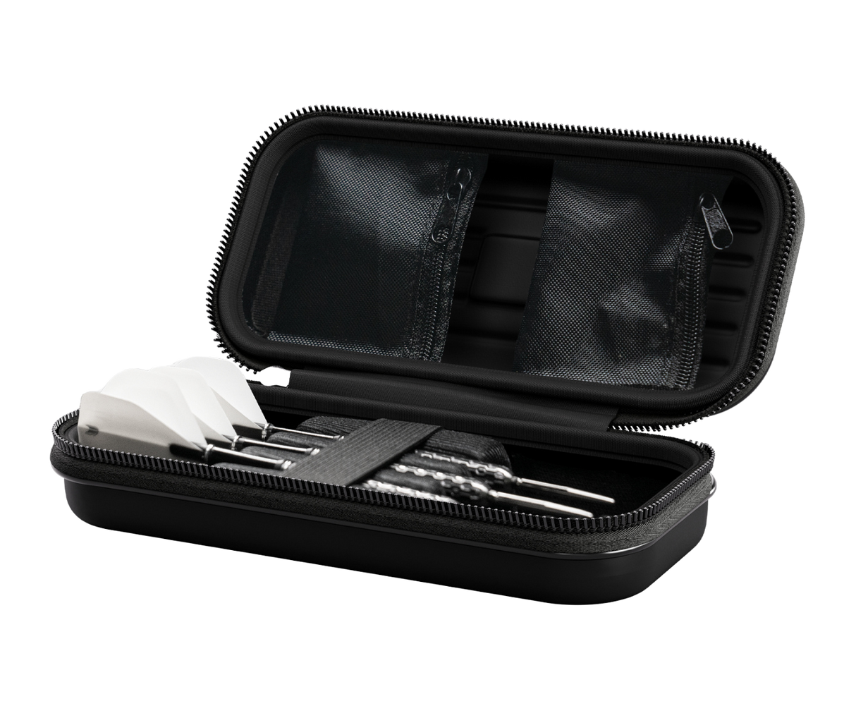 Open darts case with three assembled darts and mesh accessory pockets, angled view for dart storage and protection