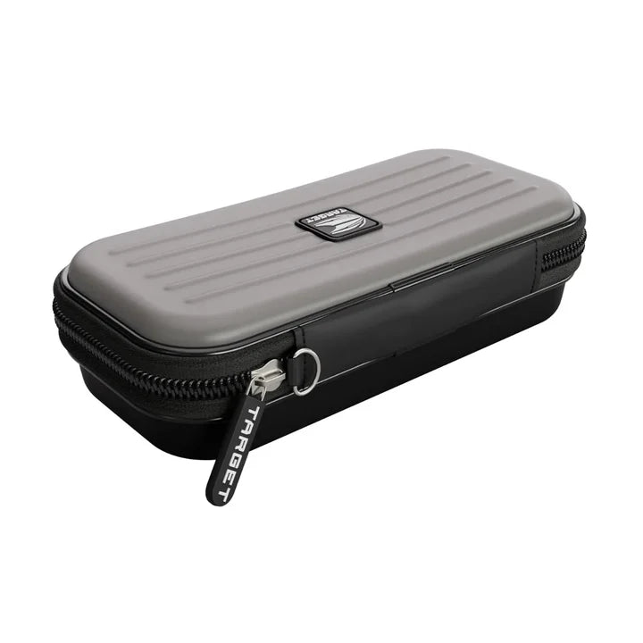 Angled view of grey darts case with textured hard shell and zipper, protective storage for darts and flights, isolated on white background