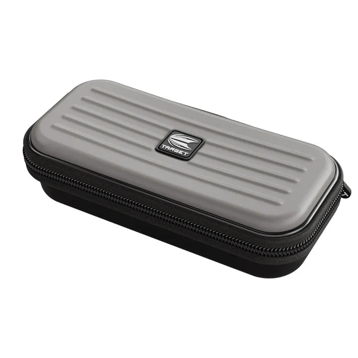 Grey darts case with hard shell, zipper closure and ridged top, angled view isolated on white for dart accessories storage