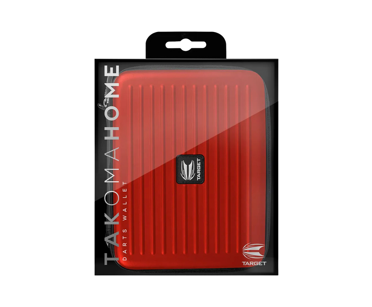 Red Takoma Home darts case in retail packaging, ribbed hard shell design, front-facing view ideal for dart accessories storage