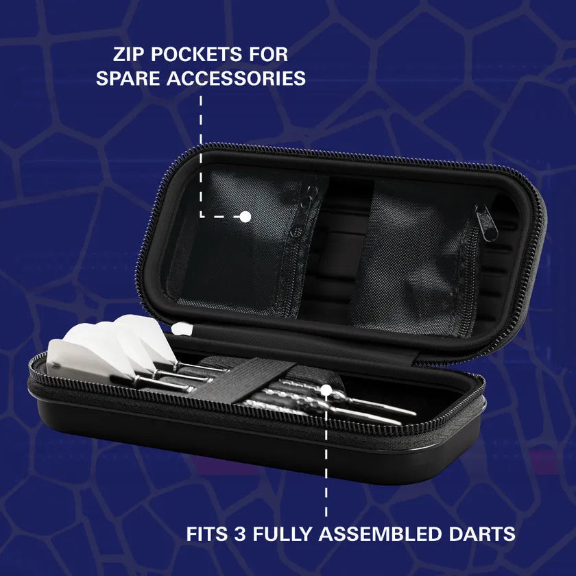 Open dart case angled view with three assembled darts and zip accessory pockets, ideal for dart storage and travel