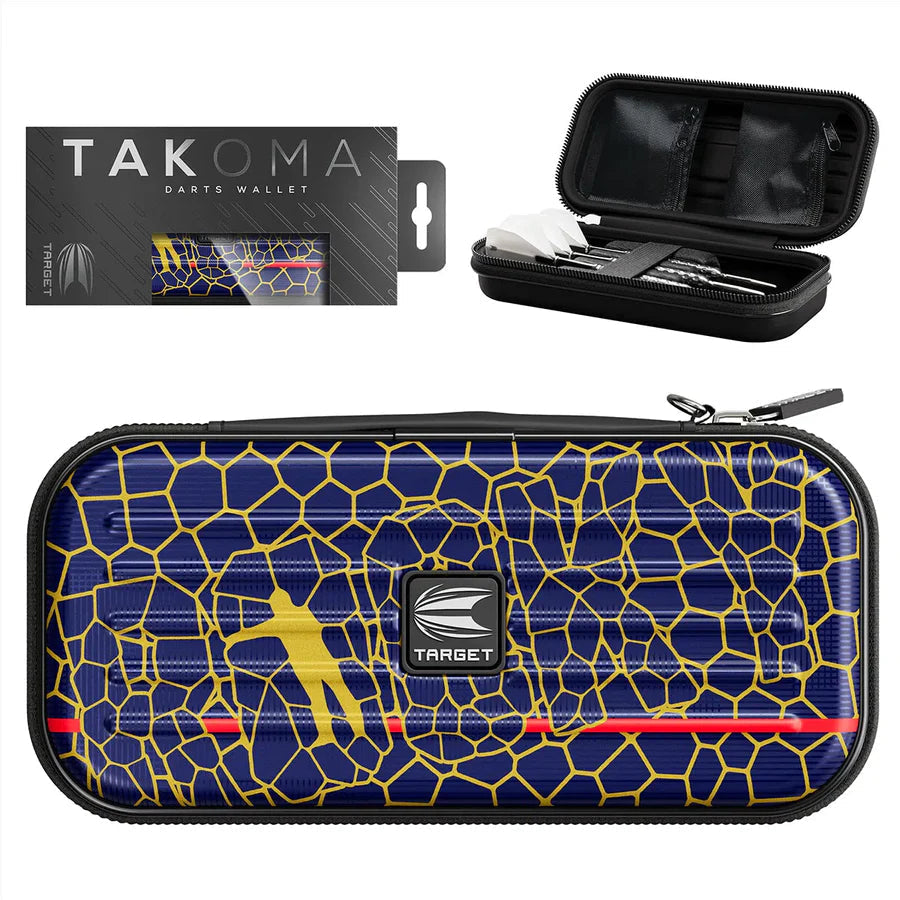 Darts wallet shown in packaging, open displaying inside dart slots, and closed to highlight textured blue and yellow case design