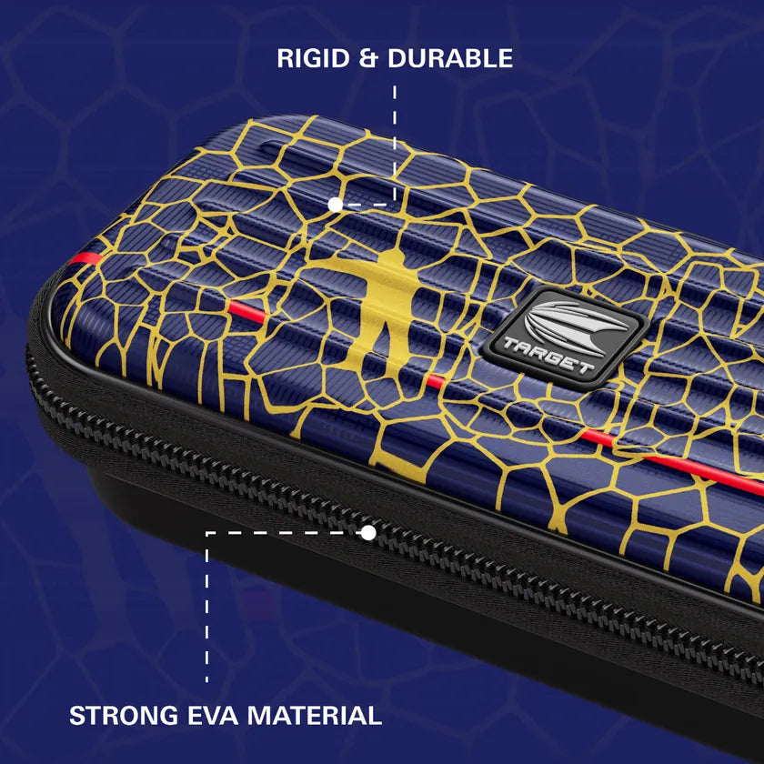 Close-up of Takoma Josh Rock darts case showing rigid EVA shell, textured pattern, zipper, and strong dart case construction