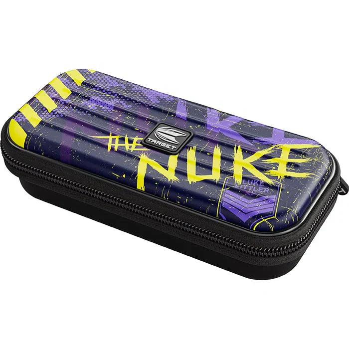 Angled view of Luke Littler darts case with zippered closure, bold yellow graphics, and textured hard shell for dart storage.