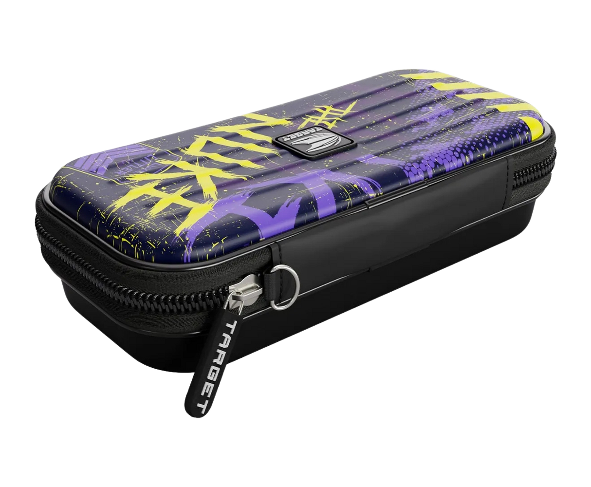 Angled view of closed Luke Littler darts case with purple and yellow design, zipper detail, and hard shell for dart storage