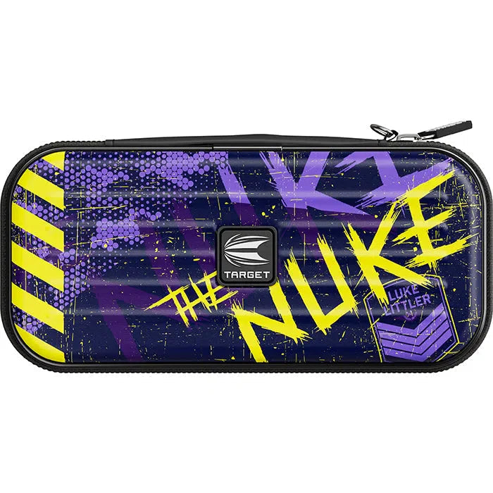 Full view of Luke Littler Takoma darts case with The Nuke graphics, hard shell, zip closure, isolated on white background