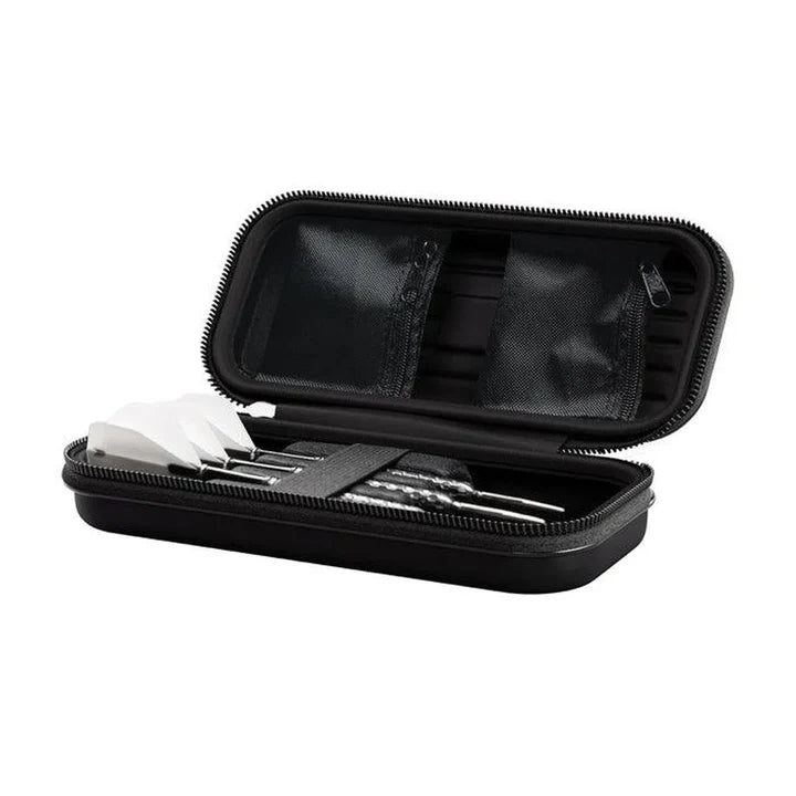 Open dart case displaying three assembled darts secured by elastic strap, interior mesh pockets for accessories, angled on white background