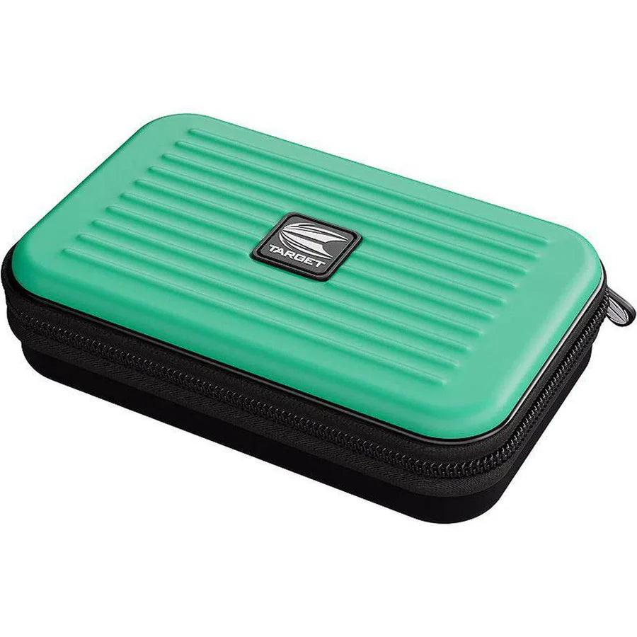 Aqua darts case with ridged hard shell and zipper, angled product view on white background, protective dart equipment storage