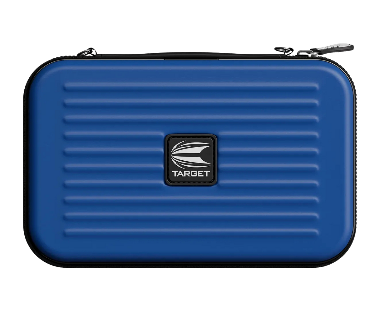 Top-down view of blue XL dart case with rigid ribbed shell, zip closure, and compact design for secure dart storage
