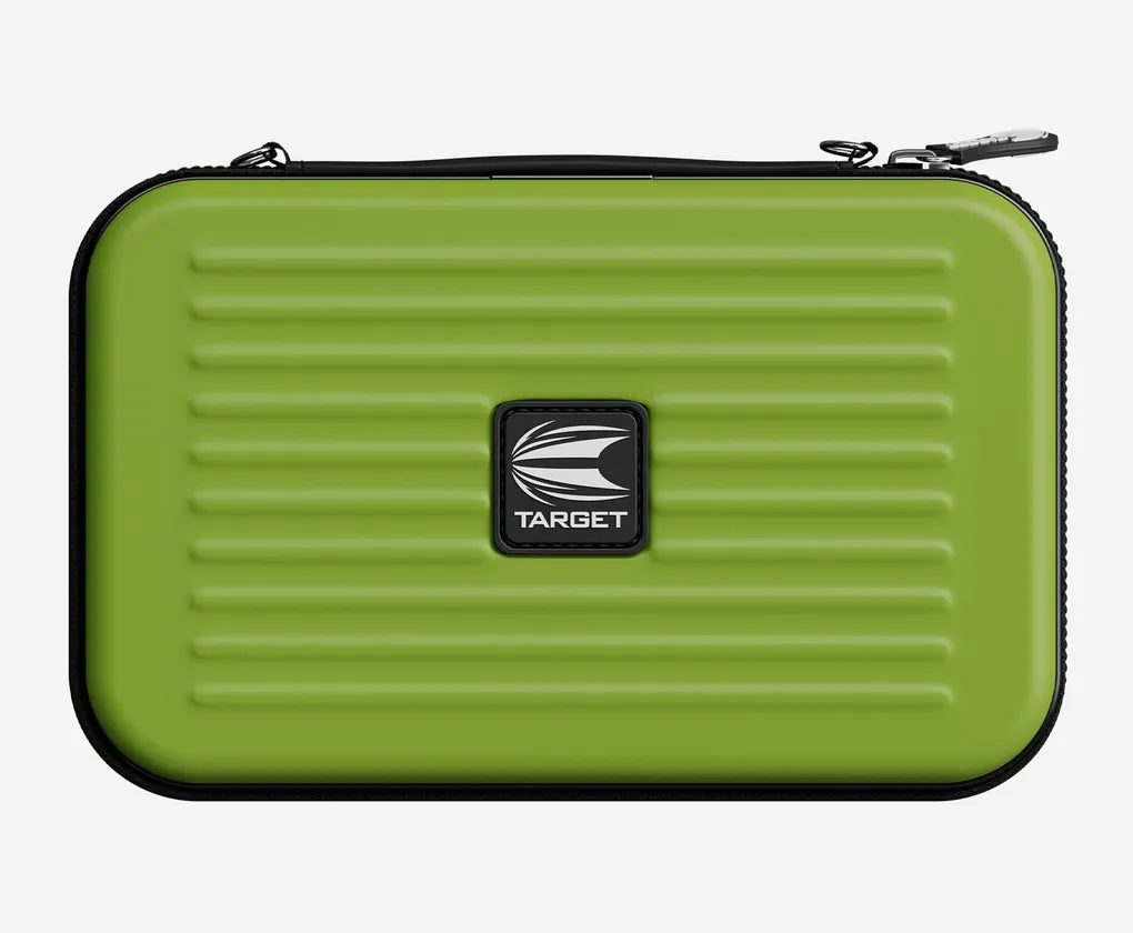 Top-down view of green dart case with ribbed hard shell, zipper closure, and compact storage design for darts equipment