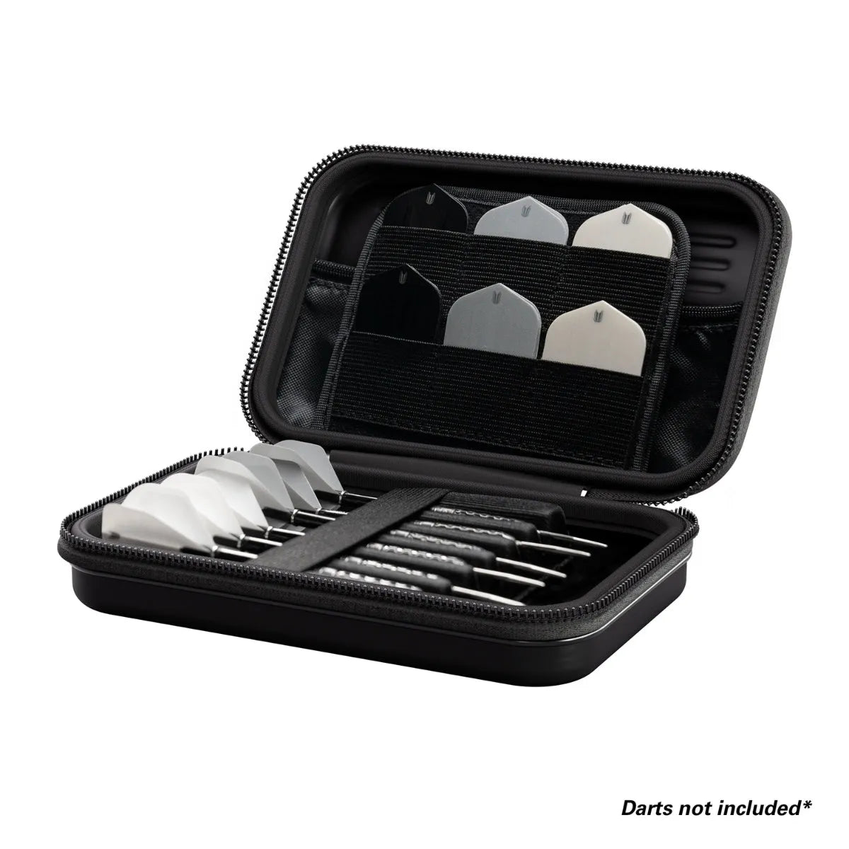 Open grey darts case angled to show organized dart slots and flight pockets, highlighting interior storage and protective design