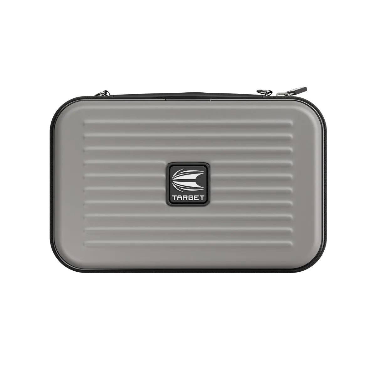 Grey XL darts case front view on white background, rigid EVA shell with horizontal grooves and secure zipper for dart storage