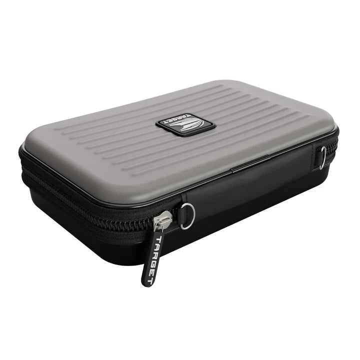Angled view of XL grey darts case with zipper, hard EVA shell, and textured surface for secure dart equipment storage