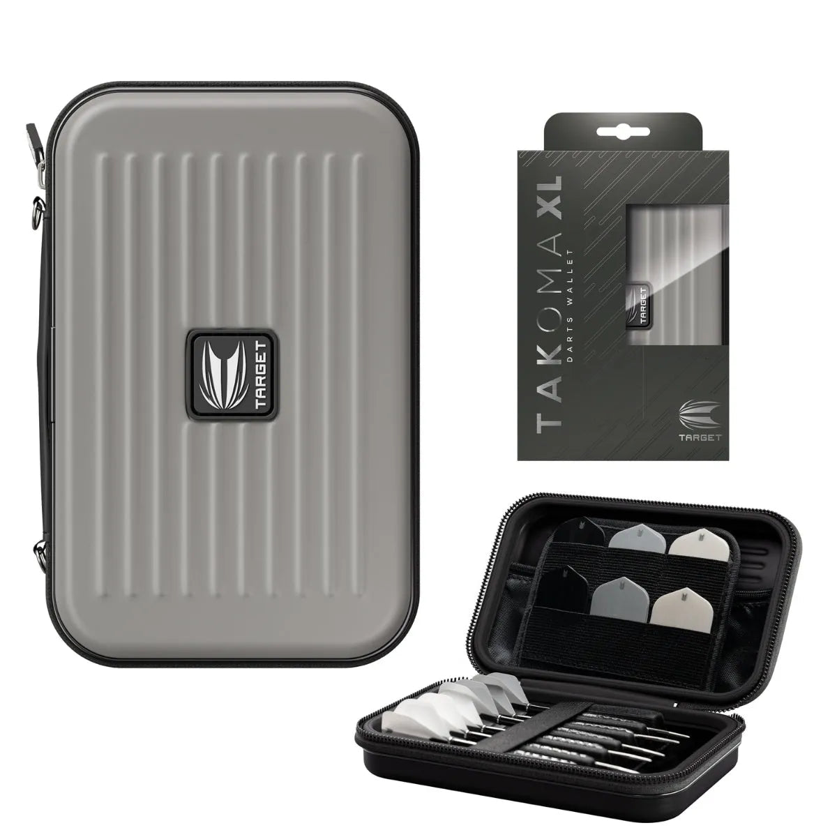 Grey darts case full product view with retail packaging and open interior displaying dart and flight storage compartments