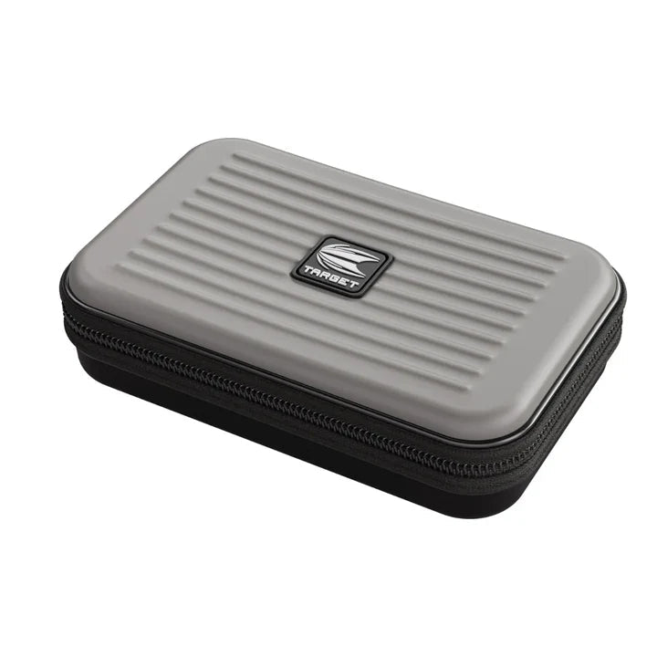 Grey darts case with ribbed EVA shell and zipper, angled view on white background, dart storage accessory