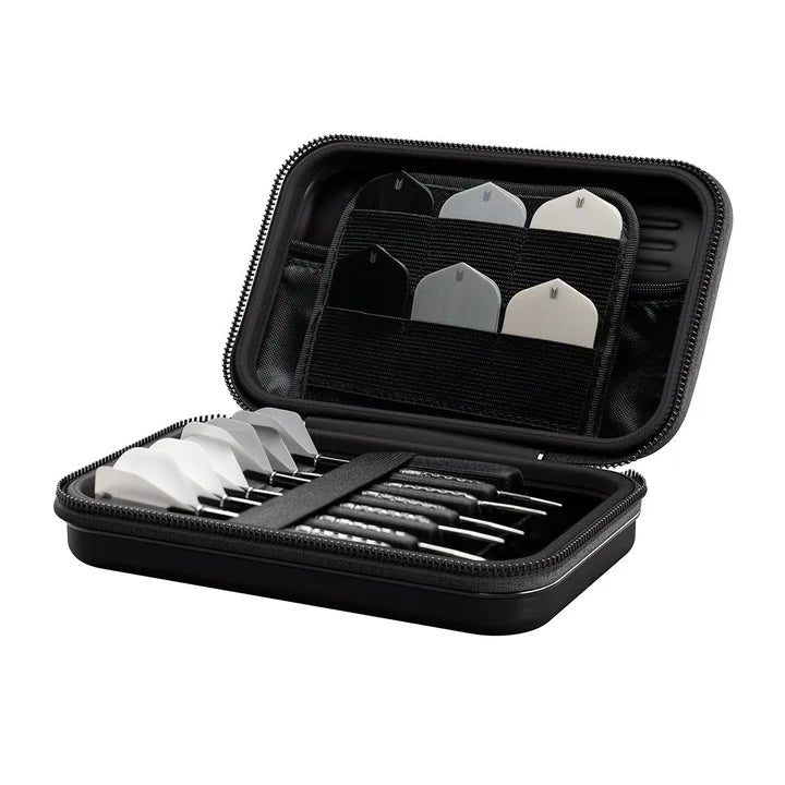 Angled close-up of open XL dart case displaying six darts secured with elastic and spare flights in interior pockets