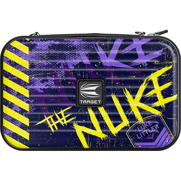 Full view dart case with bold yellow and purple Luke Littler 'The Nuke' graphics, hard shell storage for darts equipment