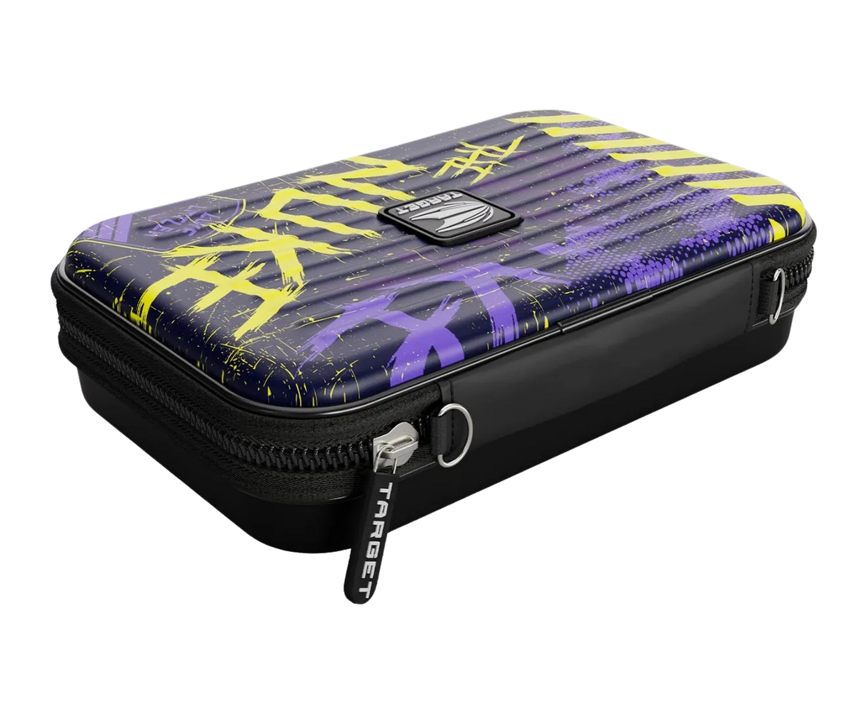 Angled view XL dart case with purple and yellow graphics, rugged zip closure, and reinforced edges for secure dart storage