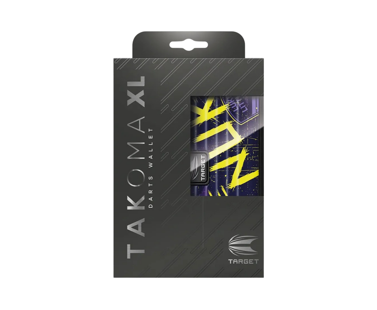 Takoma XL Luke Littler Dart Case in packaging, straight-on view with window revealing yellow graphic dart wallet for secure dart storage