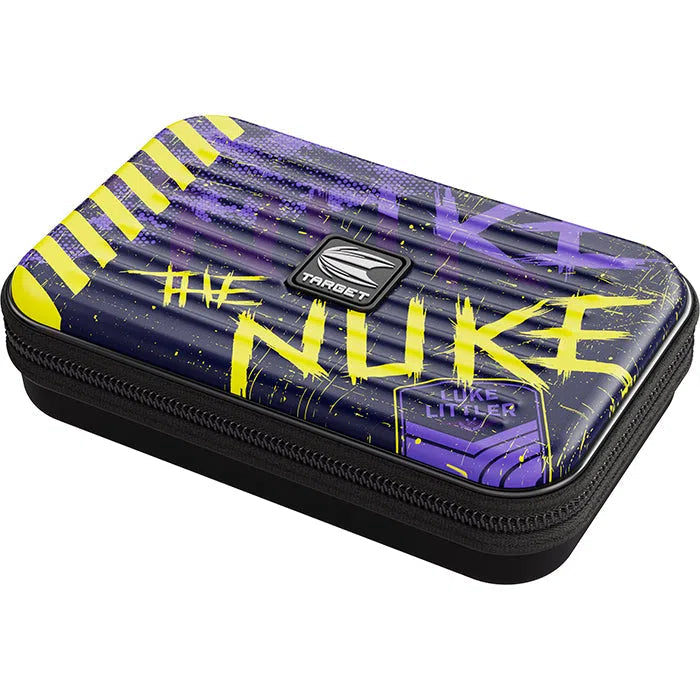 Angled view of XL Luke Littler dart case, hard-shell design with purple and yellow graphics, zip closure, ideal for dart storage