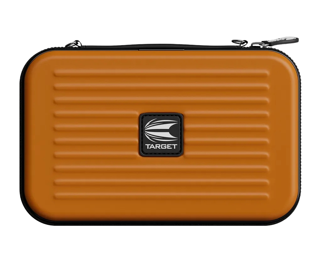 Top-down view of orange XL dart case with ribbed texture, zipper closure, and compact storage design for dart accessories