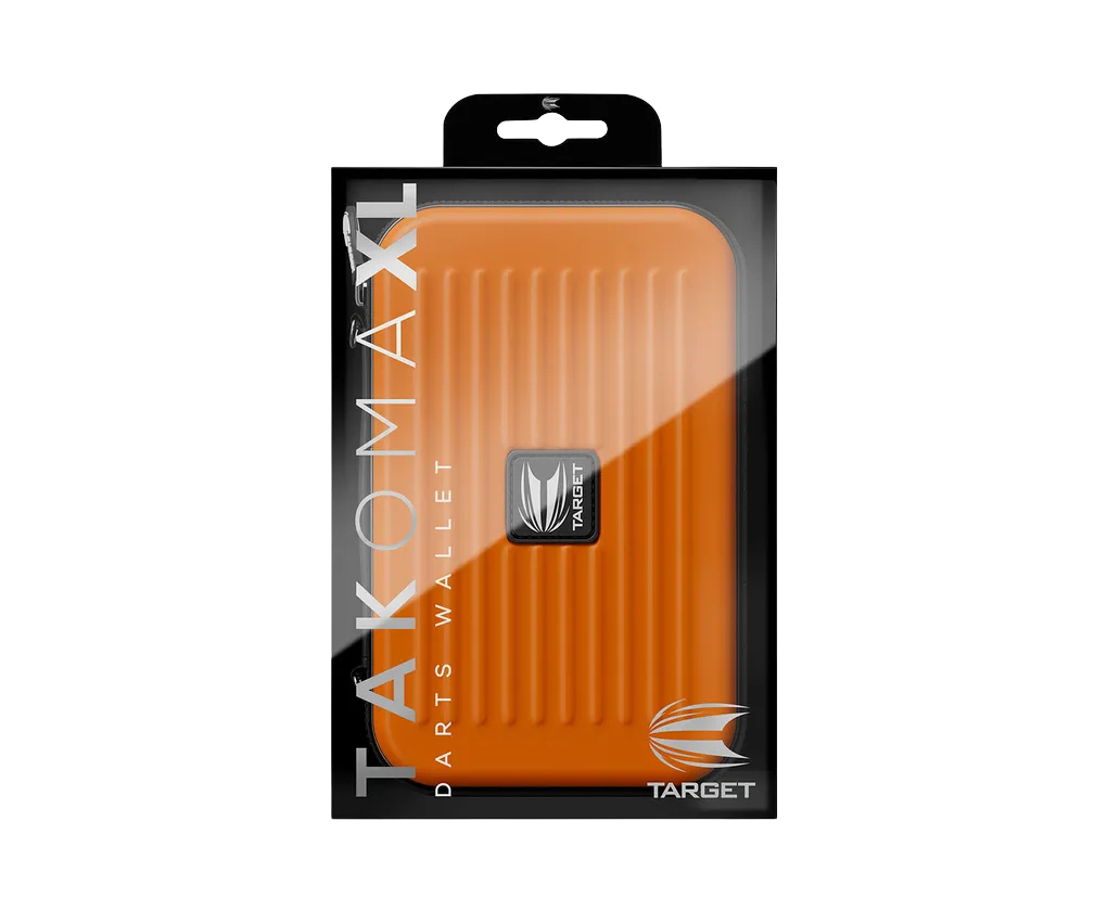 Full view of orange dart case in clear retail box, displaying textured EVA shell with vertical ridges for darts storage