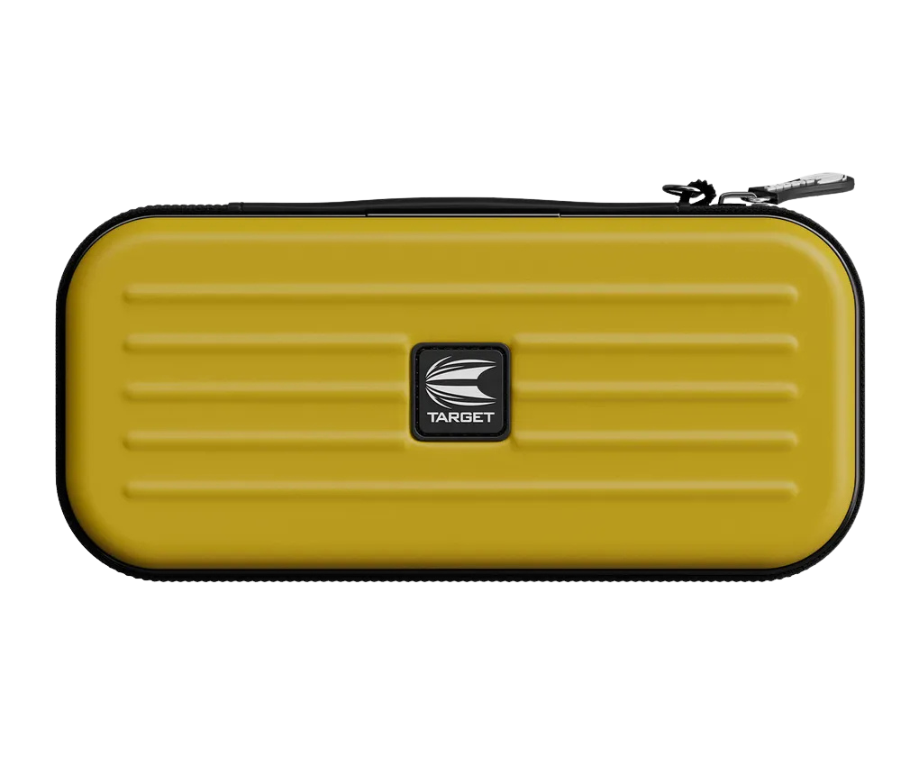 Yellow EVA darts case with ridged design and zip closure, full product top-down view on white background for dart storage