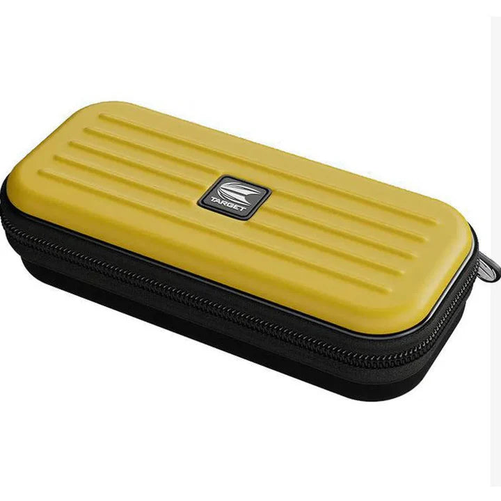 Angled view of yellow EVA hard darts case with zipper and ridged shell, ideal for dart storage and protection