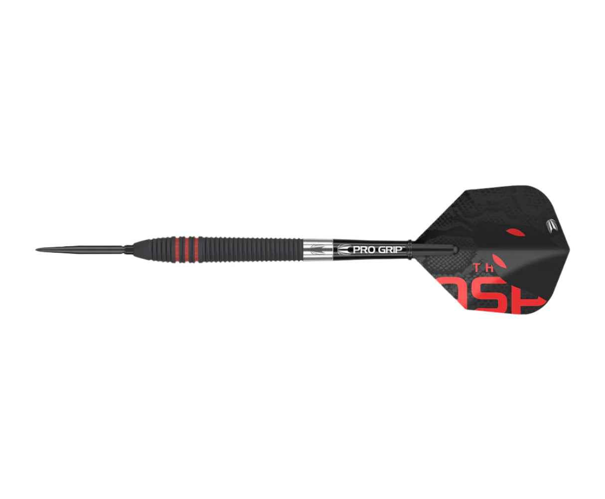 Full view tungsten dart isolated on white, highlighting black grooved grip, red rings, Pro Grip shaft, and Aspinall-themed flight