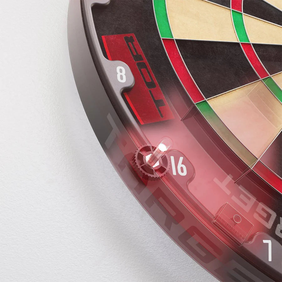 Angled close-up of dartboard edge showing mounting system, segment numbers, and wiring for secure dartboard installation