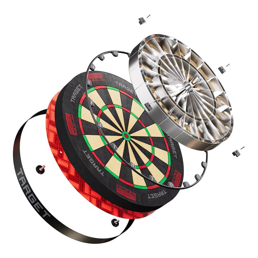 Exploded view of dartboard layers, wiring system, and mounting parts, highlighting construction details for dart equipment buyers