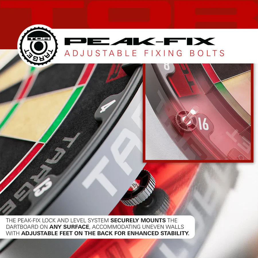Close-up angled view of dartboard adjustable fixing bolts with macro inset showing mounting feet and number ring detail