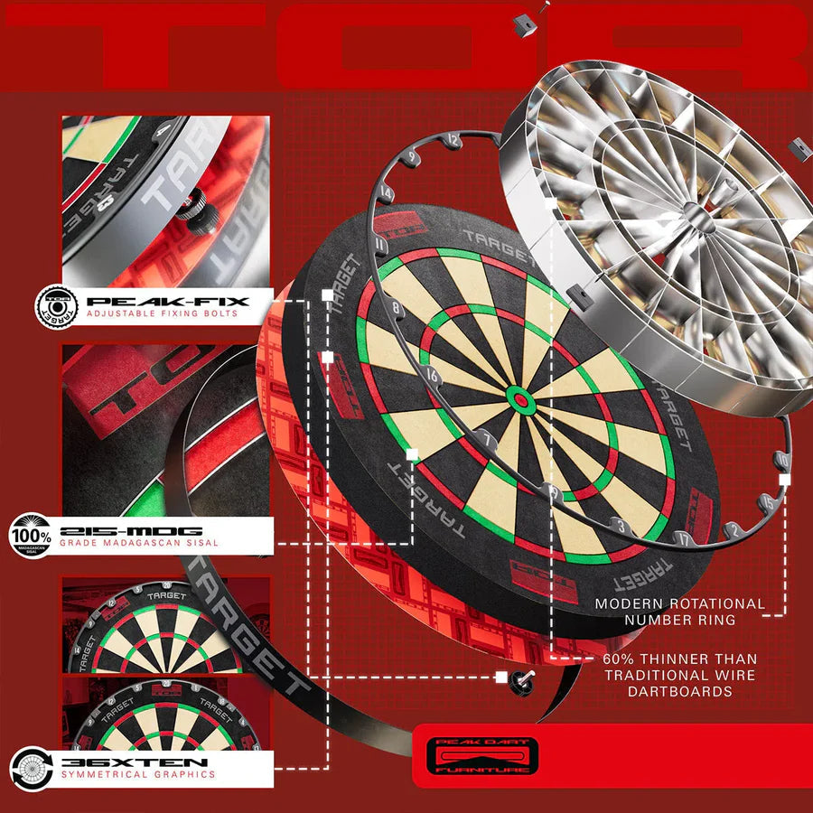 Exploded angled view of TOR dartboard showing rotational number ring, thin wire design, adjustable fixing bolts, and premium sisal close-ups