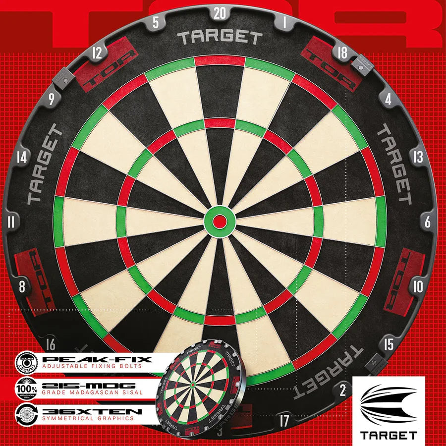 Top-down view of TOR dartboard highlighting segmented scoring zones, numbered edge, Madagascar sisal, and symmetrical graphics.