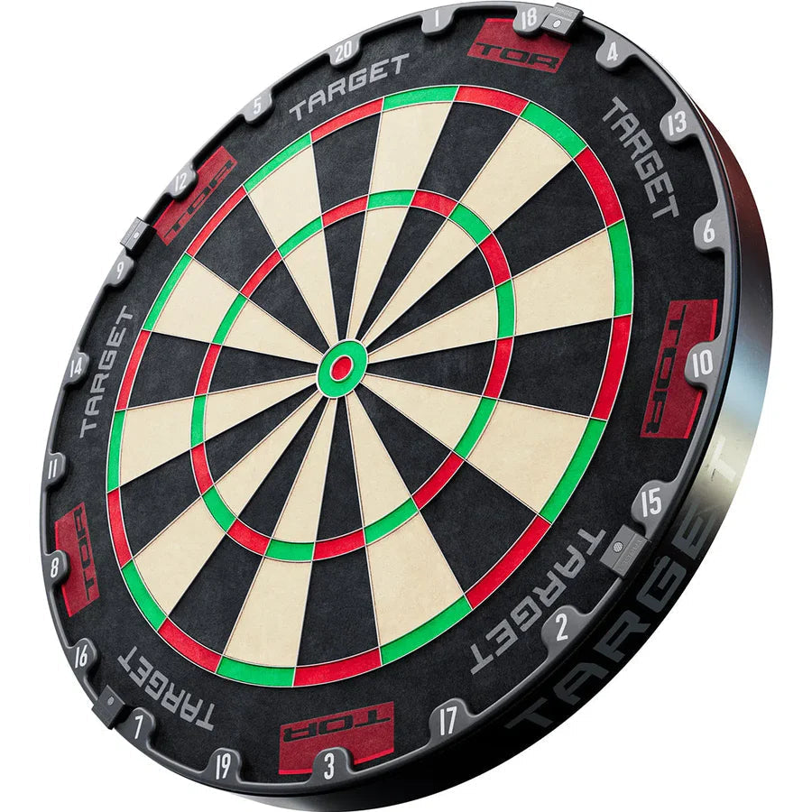 Angled view of TOR dartboard with full segment layout, clear numbering, sharp wire dividers, isolated on white background