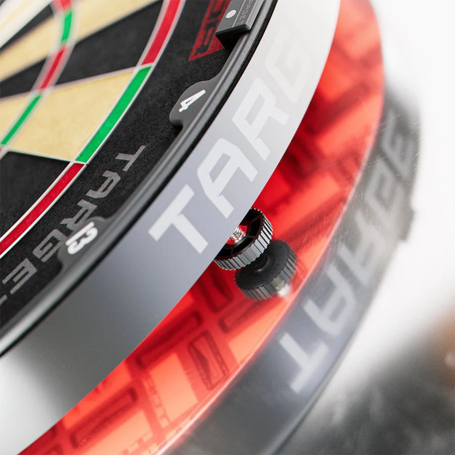 Angled close-up of dartboard edge showing easy-mount system, clear segment numbers, and durable build for precision dart play