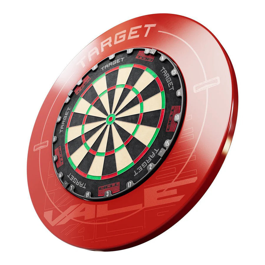 Angled full view of dartboard with red printed surround ring, isolated on white, showing wall protection for darts setup