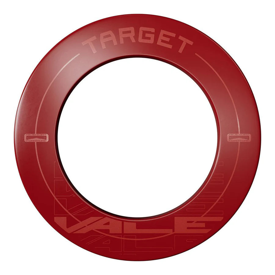 Red dartboard surround ring full view on white background, printed style, smooth modern finish, essential dart equipment protection.