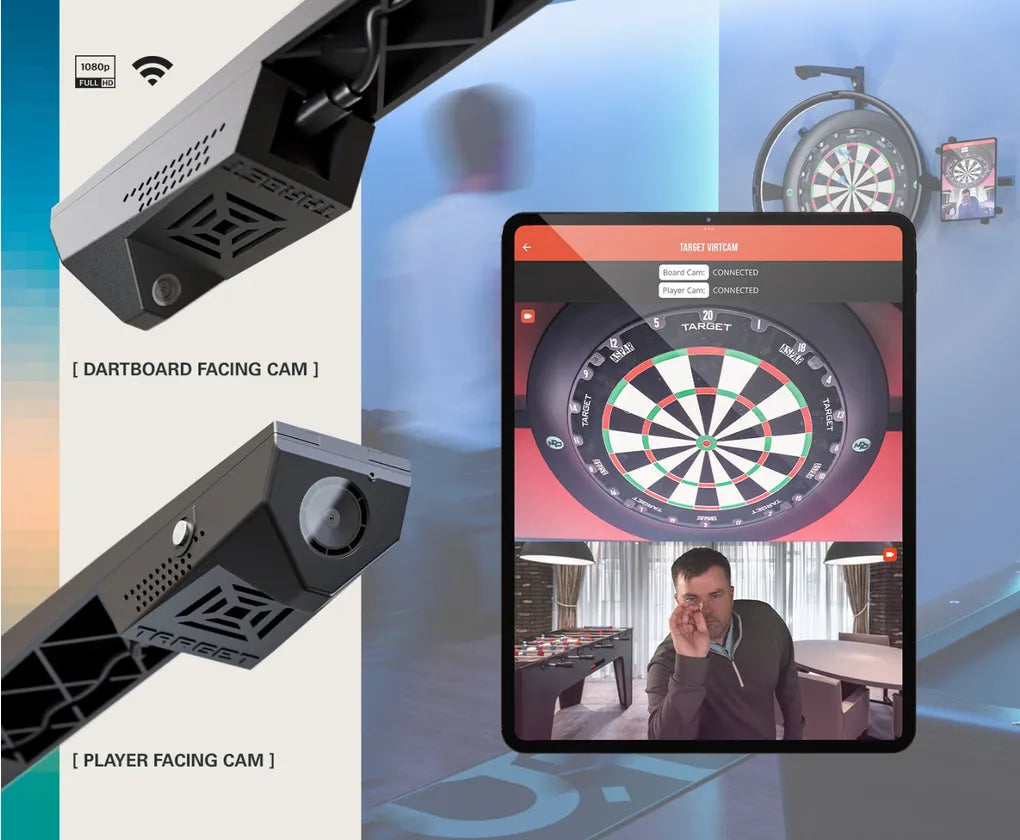 Dual dart camera close-ups with display showing dartboard view and player aiming, highlighting live streaming setup for darts