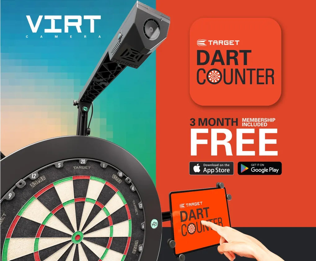Angled view of Virt dartboard camera mounted above electronic dartboard, tablet with Dart Counter app and 3-month free membership offer