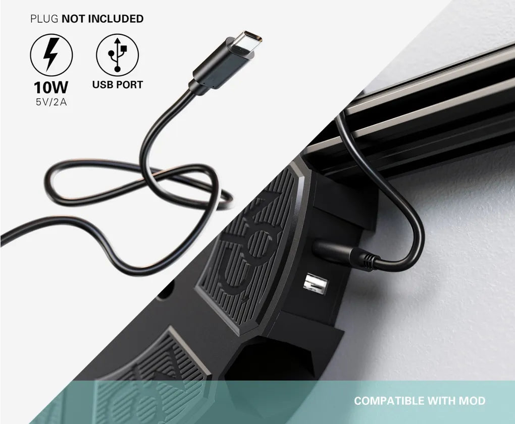 Close-up angled view of Virt Camera USB-C cable and power port, highlighting connectivity for dart equipment setup