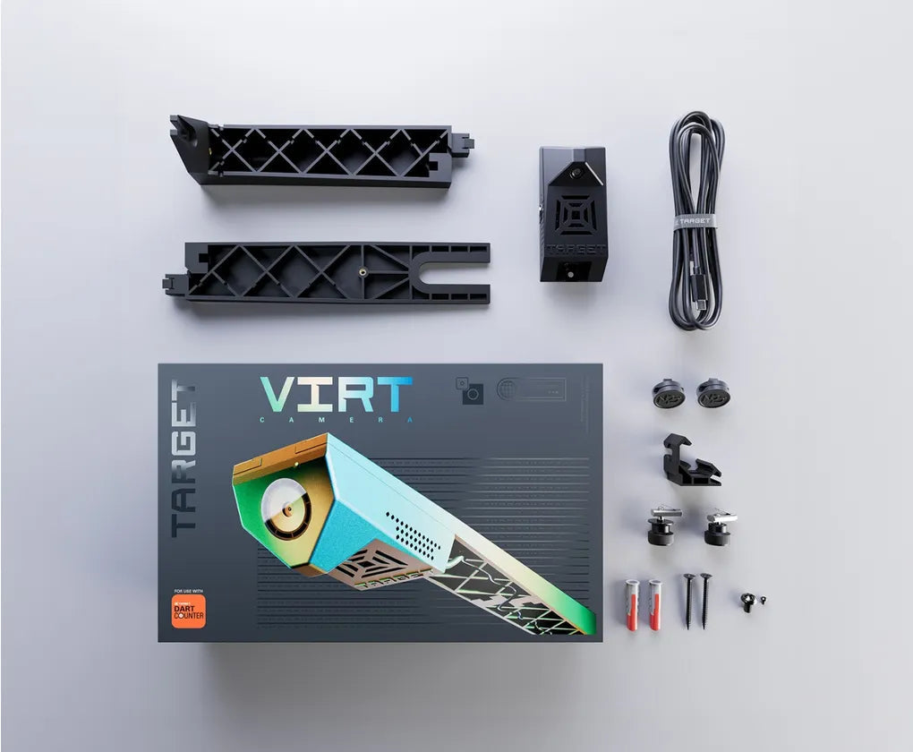 Top-down view of Virt Camera dart system kit with mounting brackets, cables, fixings, and all hardware laid out beside the box