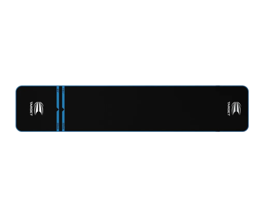Top-down view of full-length dart mat with oche lines and throw line measurements, isolated on white background