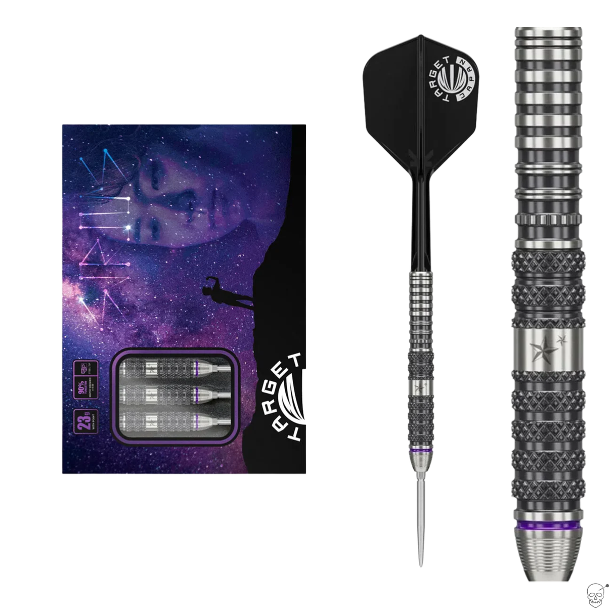 Sirius Gen 3 tungsten darts in packaging with assembled dart and close-up of precision grip barrel and black flight on white background