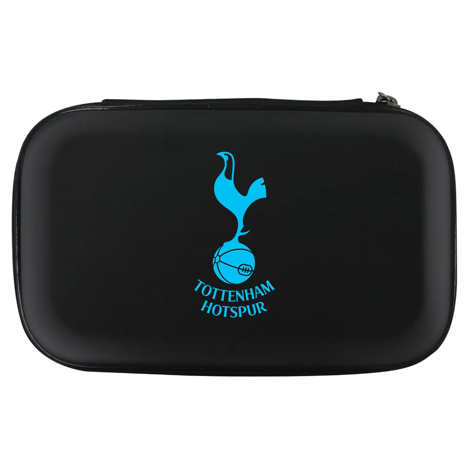Rectangular black darts case with sky blue Tottenham Hotspur crest, full product shot on white background, zippered dart storage accessory