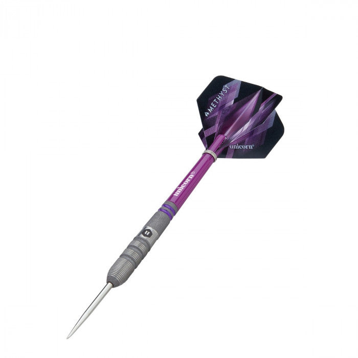 Single tungsten dart with purple barrel, precision grip, and amethyst pattern flight on white background, full product angled view